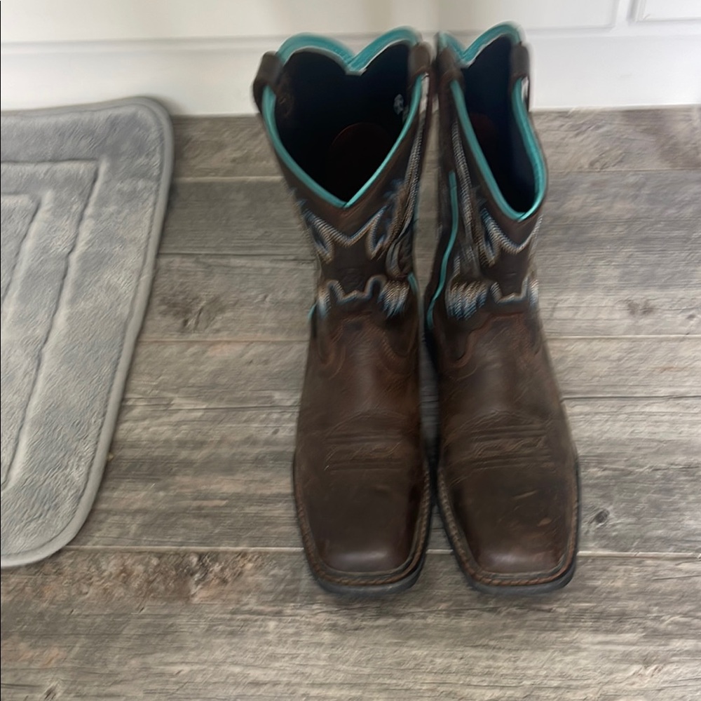 Ariat Brown and Blue Combat Moto Boots with Leather Finish